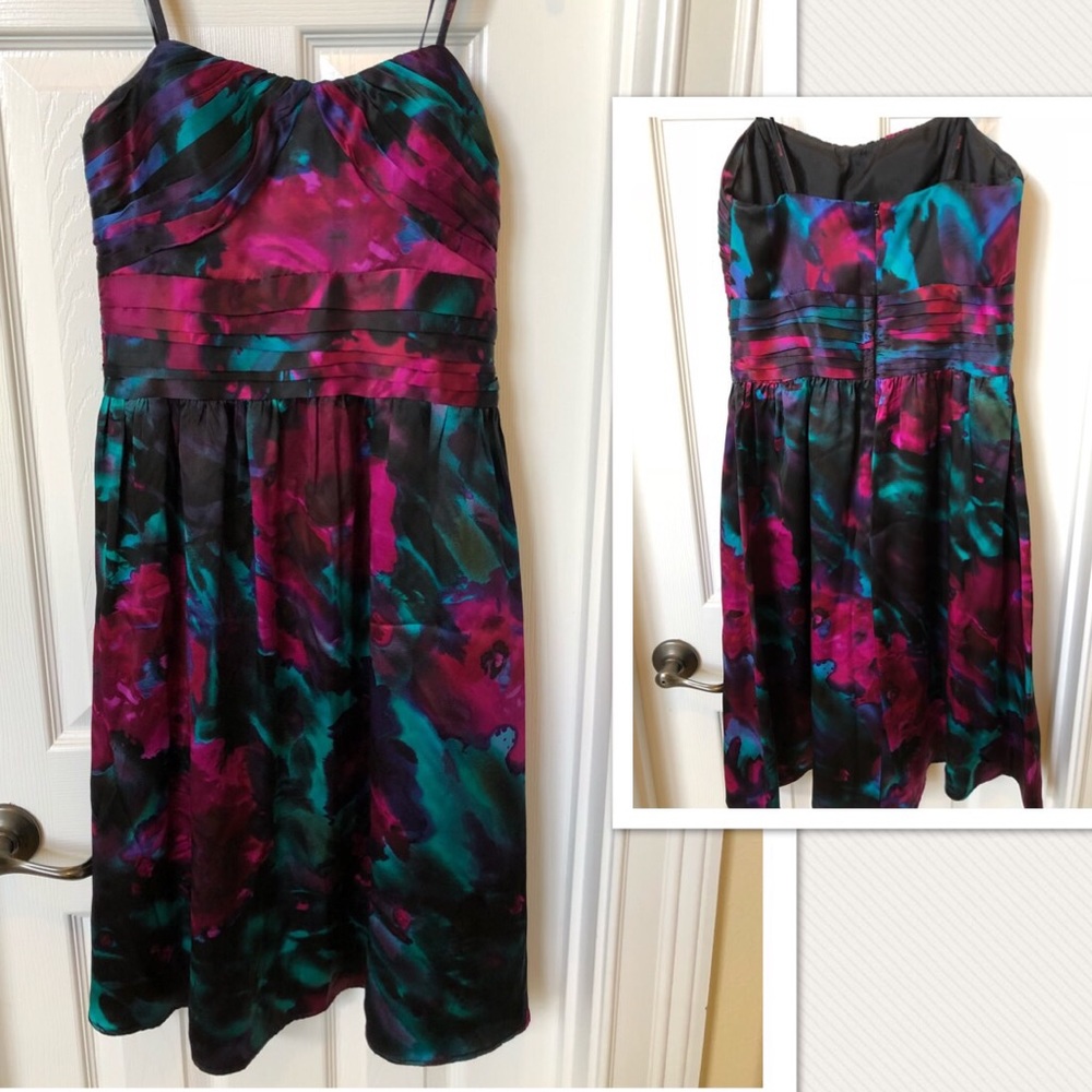 Multicolor silk, strapless and knee-length dress